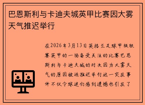 巴恩斯利与卡迪夫城英甲比赛因大雾天气推迟举行